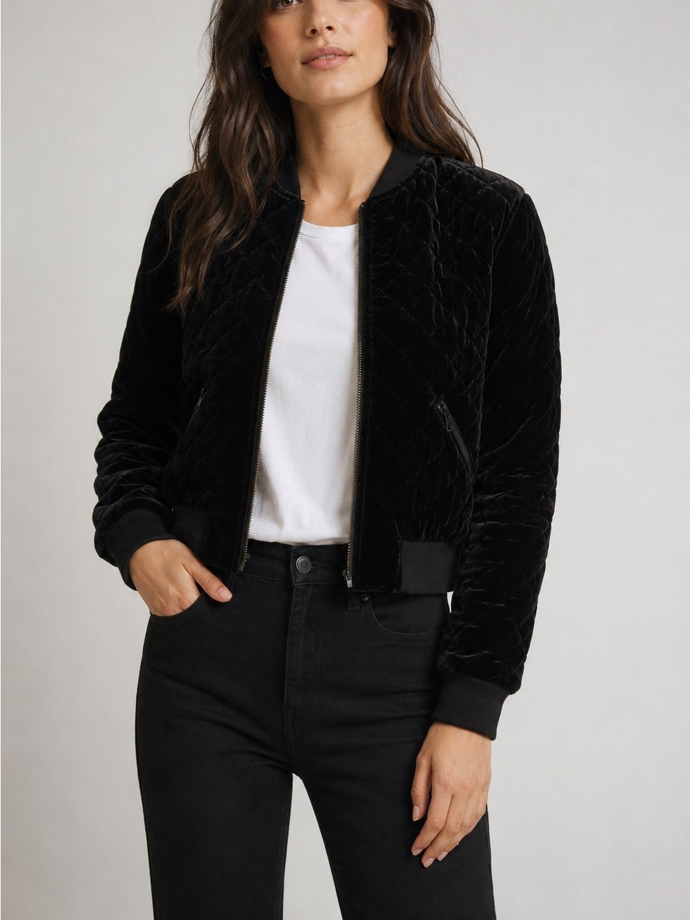 Alice and Olivia Black Velour Quilted Bomber Jacket Velvet Stand Collar Small